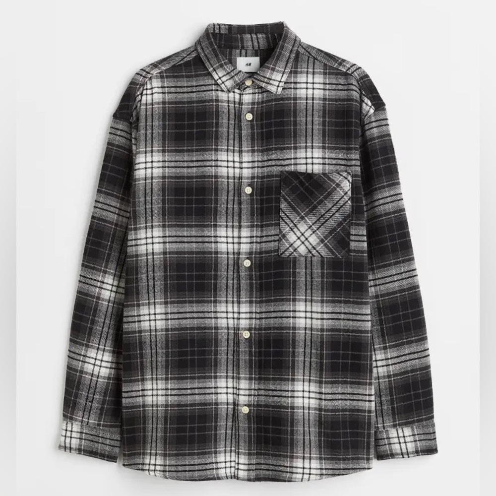 H&M black and white plaid cotton twill Button-Up Shirt - Picture 2 of 13